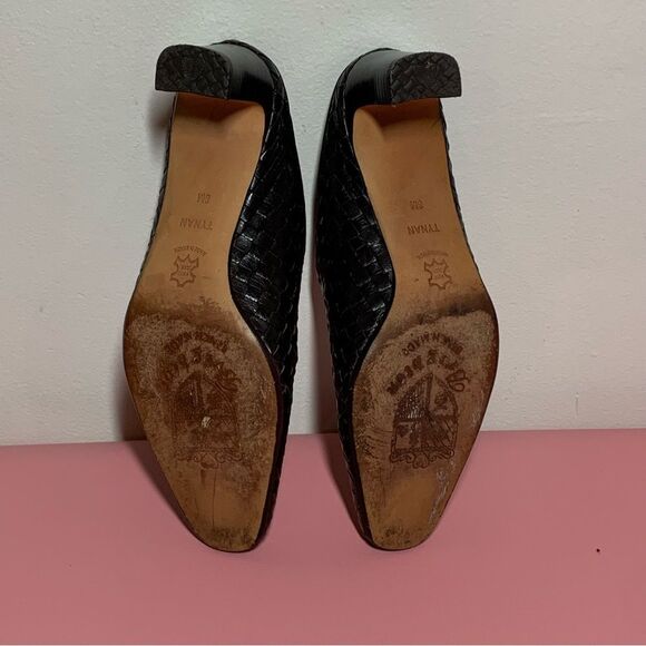 Vintage Brighton Tynan Woman’s Size 8 Brown Woven Leather Snip Toe Heeled Mule - Picture 7 of 9